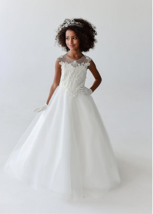 Cap Sleeves Beaded Ivory Lace Tulle Illusion Pearl Buttons Back Flower Girl Dress